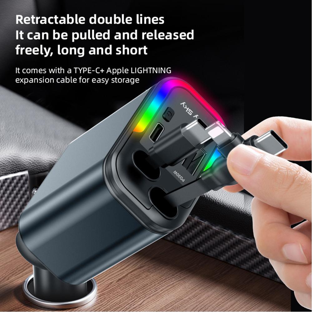 5 In 1 Total Power 180W Car Fast Charger with Retractable Cable USB Type-C Power Adapter with Color Ambient Light and Starry Sky Light for IOS Android