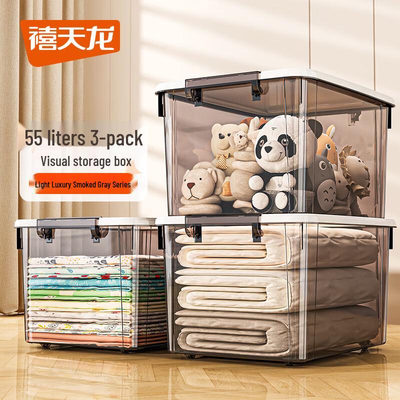 Stackable 55L Plastic Storage Bins with Wheels, 3-Pack