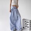 Fashionable Blue Striped High-Waisted Wide-Leg Pants with Lace-Up Waist, Perfect for Spring and Autumn, Available Now