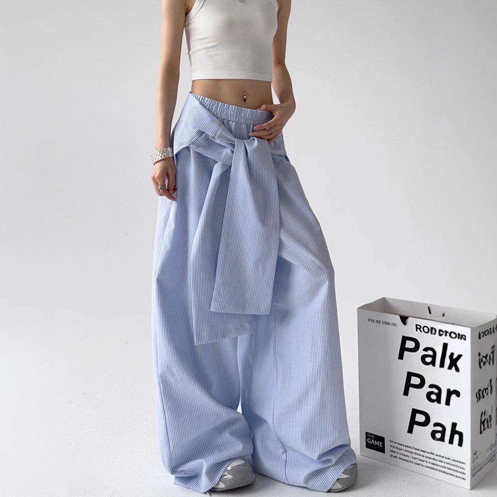 Fashionable Blue Striped High-Waisted Wide-Leg Pants with Lace-Up Waist, Perfect for Spring and Autumn, Available Now