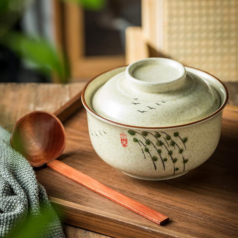 YWDL Japanische Instant-Ramen-Schüssel mit Deckel Retro Keramik Große Kapazität Nudel Salat Suppenschüsseln Haushalt Küchengeschirr