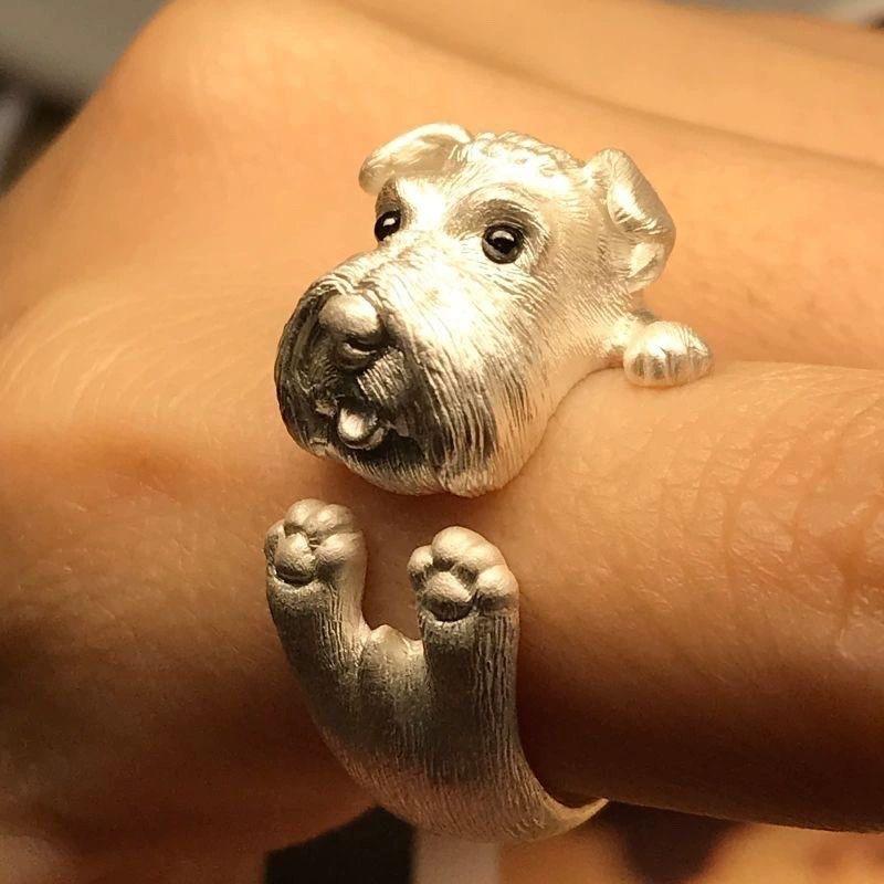 Original Design Handmade Schnauzer Puppy Animal Ring Imitation Silver Ring Inlaid with Lovers' Gifts
