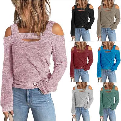 Women's Fashion Autumn and Winter Plus Size  Casual Long Sleeve Shirts Solid Color Off Shoulder Tops Loose Pullovers Hollow Out T-shirts