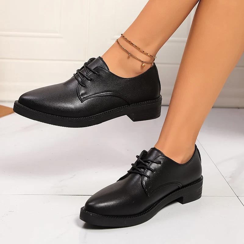 Fashion Women's Black Lace Up Oxfords Classic Pointed Toe Platform Pumps for Women Spring Plu Size Lady Office Pu Leather Shoes Mujer