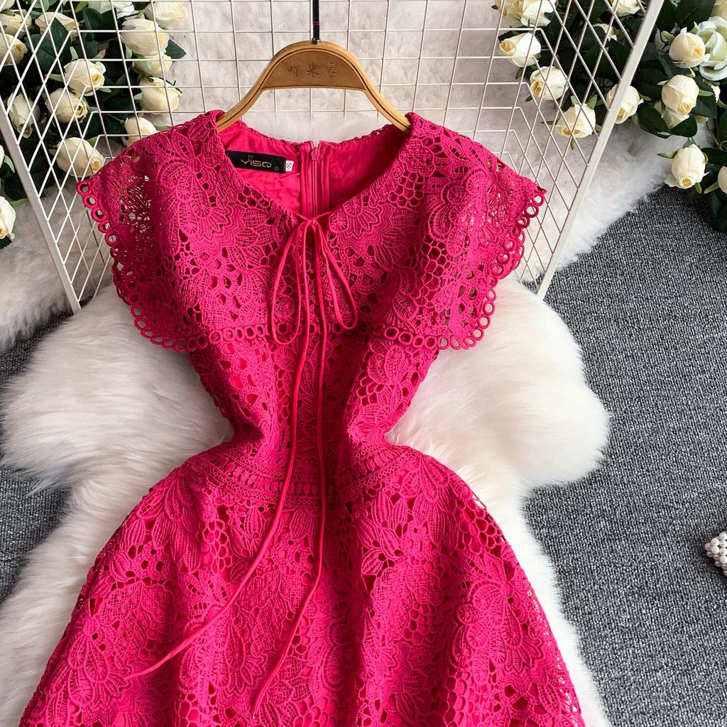 Elegant Lace Hollow Out Long Dresses Women's Holiday Short Sleeve Cape Embroidery Evening Party Summer Dress