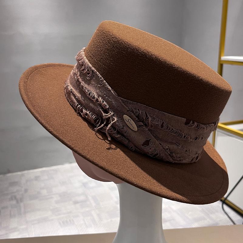 Spring and Autumn Versatile Women's Retro Wool Flat Top Hat British Style Literary French Elegant Temperament Top Hat