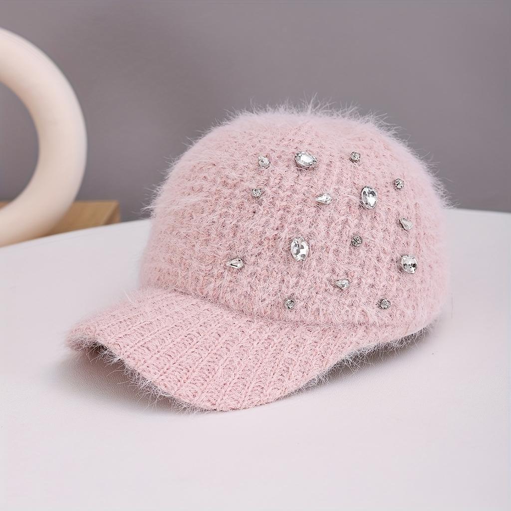 Women's Luxury Furry Hat with Artificial Jade Long Plush Yarn & Rhinestone-Adorned Wide Brim, Adjustable Non-Stretch Fit, Hand Washable Winter Cap