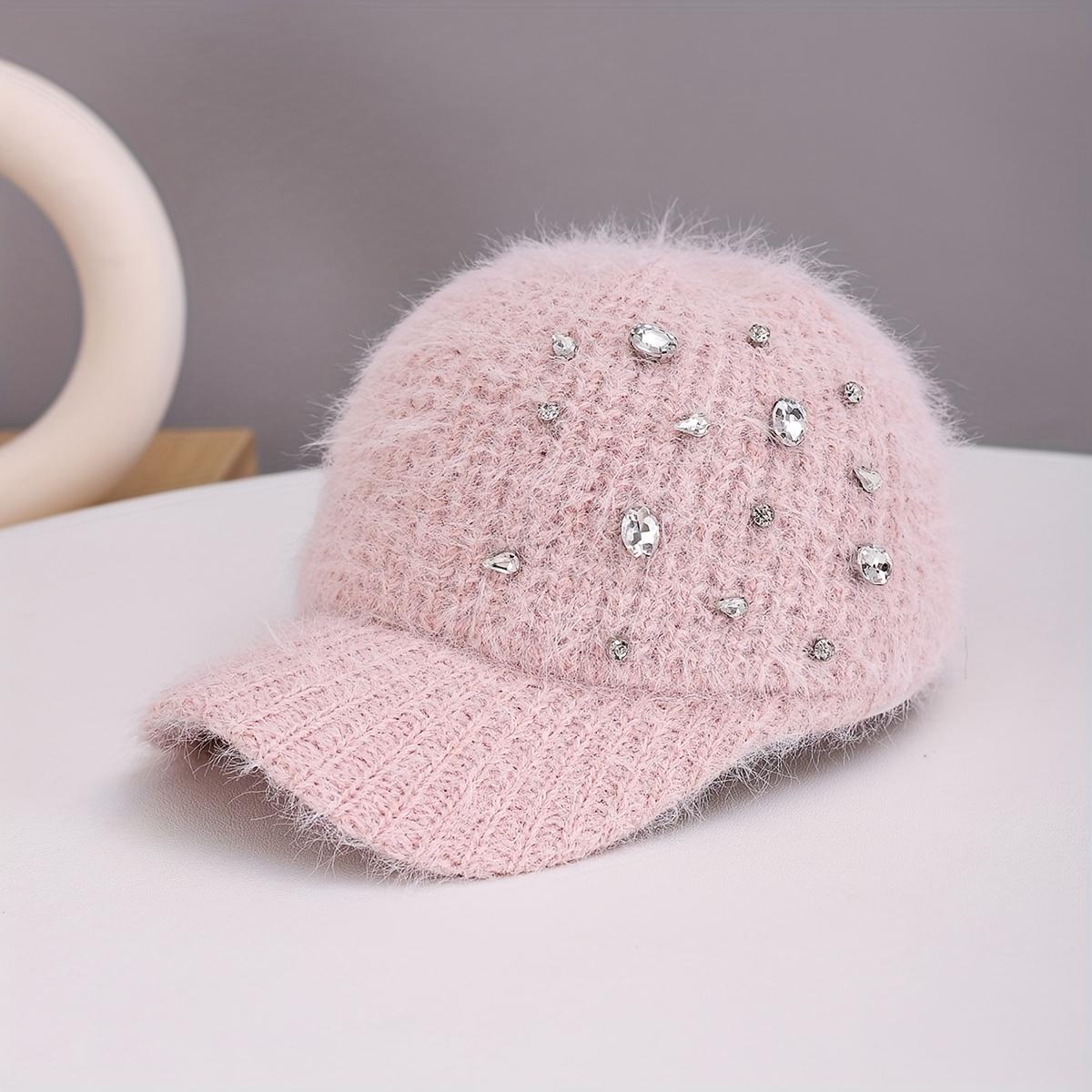 

Women s Luxury Furry Hat with Artificial Jade Long Plush Yarn & Rhinestone-Adorned Wide Brim, Adjustable Non-Stretch Fit, Hand Washable Winter Cap рожевий