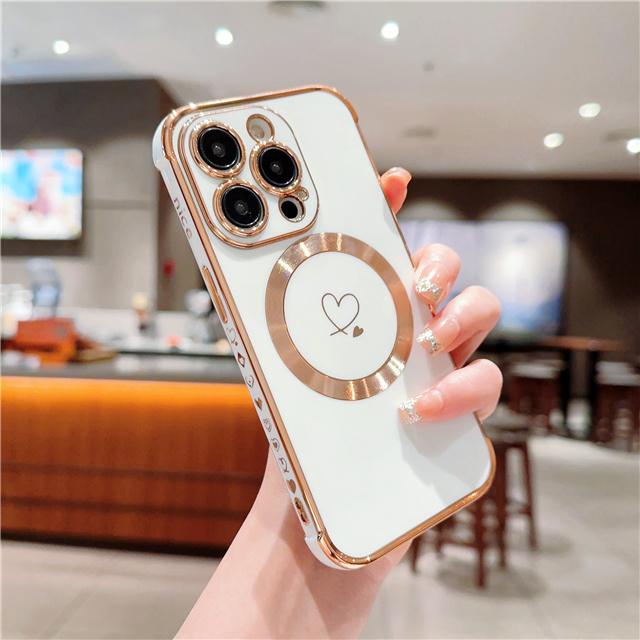 For iPhone Luxury Heart-shaped Magsafe Magnetic Plating Pattern Frame Phone Case For iPhone 11 12 13 14 15 16 Plus Pro Max Cover