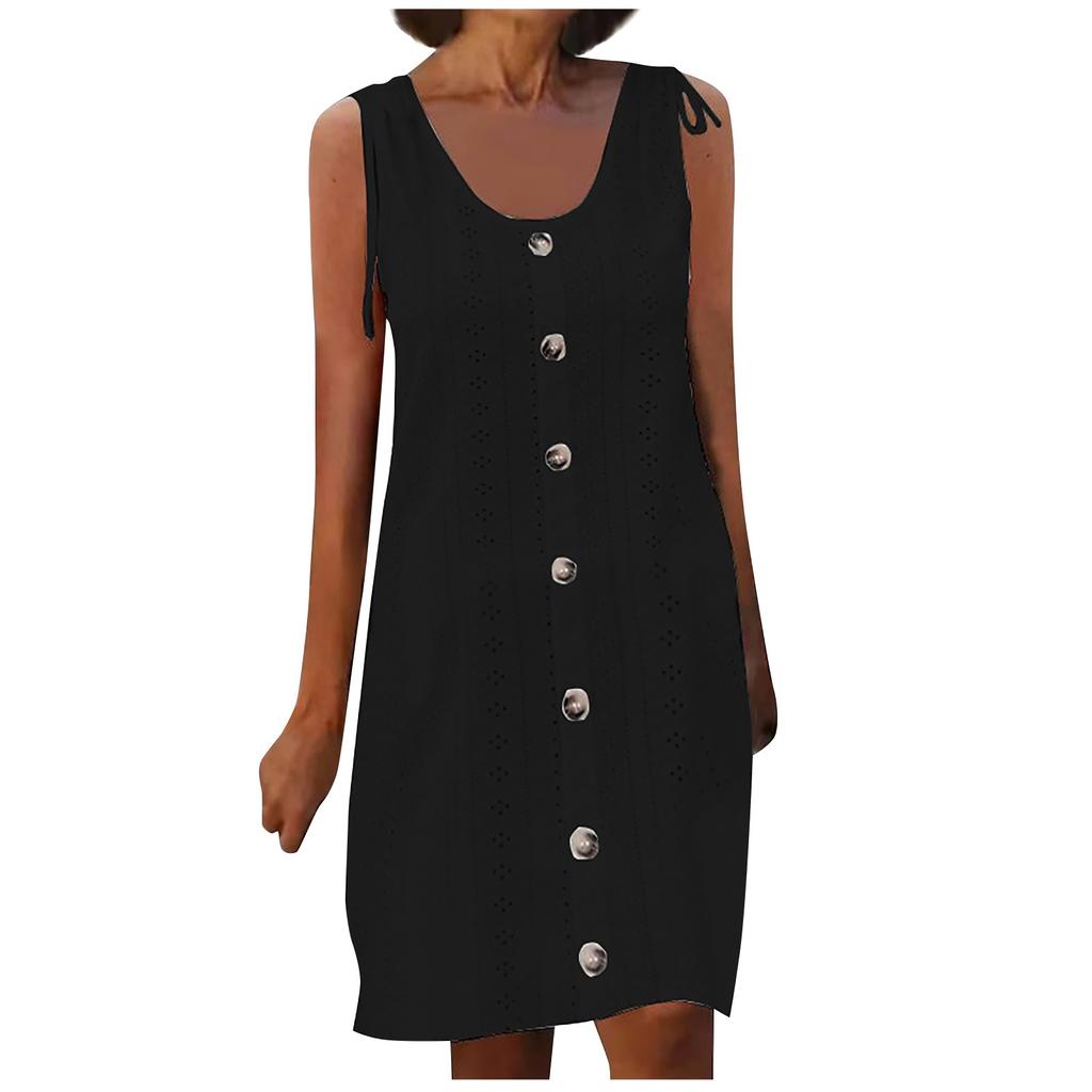 Dresses For Womens Vintage Elegant U Neck Button Long Dress Summer Casual Sleeveless Hollow Out Midi Dress