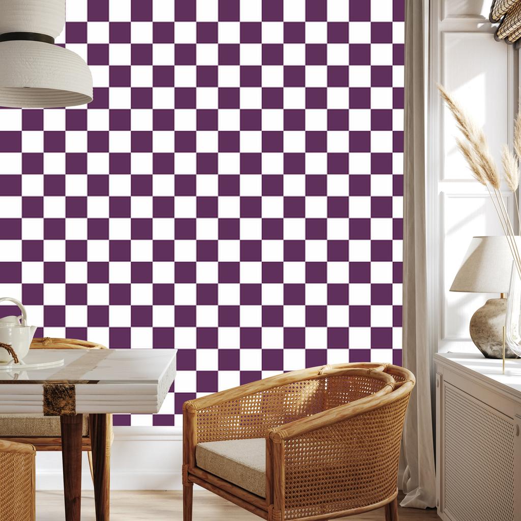 Checkerboard Wallpaper in White, Plum and Purple for Living Room and Bedroom 50x1000