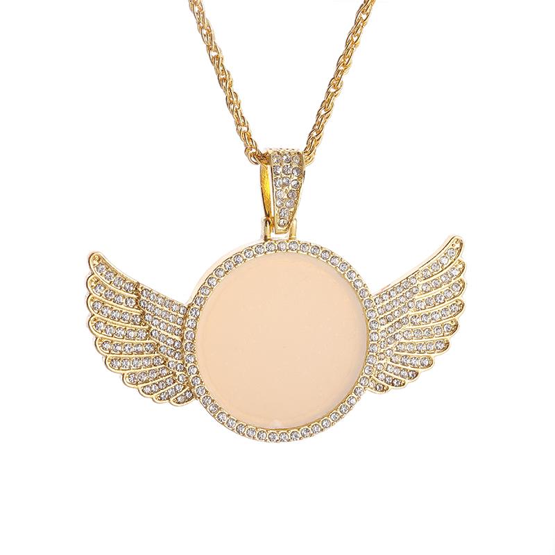 Angel Wings Mirror Photo Memorial Pendant Inlaid with Ice Crystal Zirconia Necklace Couple Trendy Jewelry Birthday Gift