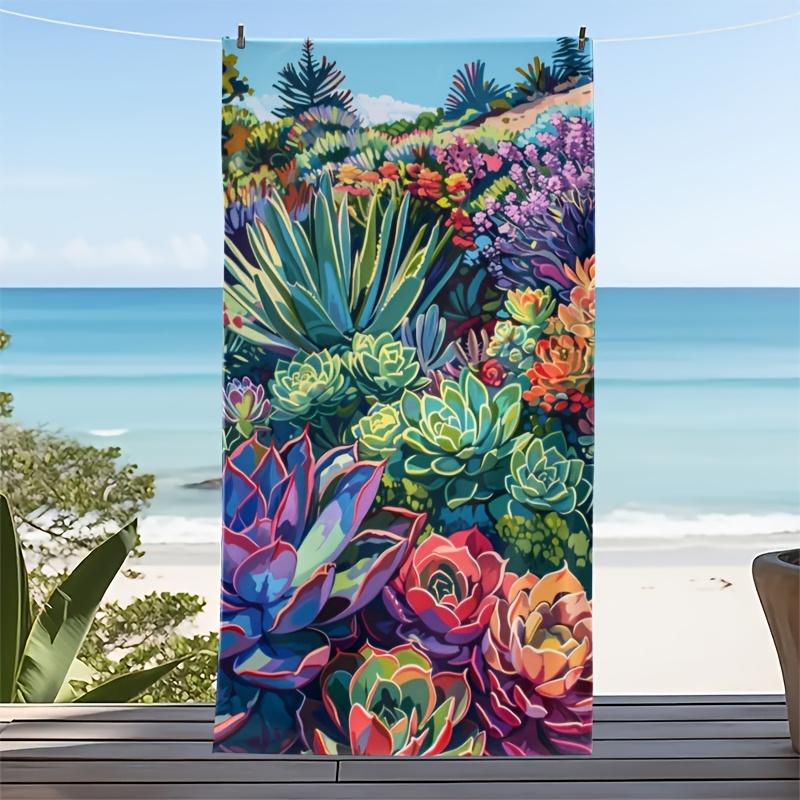 Vibrant Succulent Garden Beach Towel Colorful Botanical Illustration Absorbent Cover Up for Summer Vacation