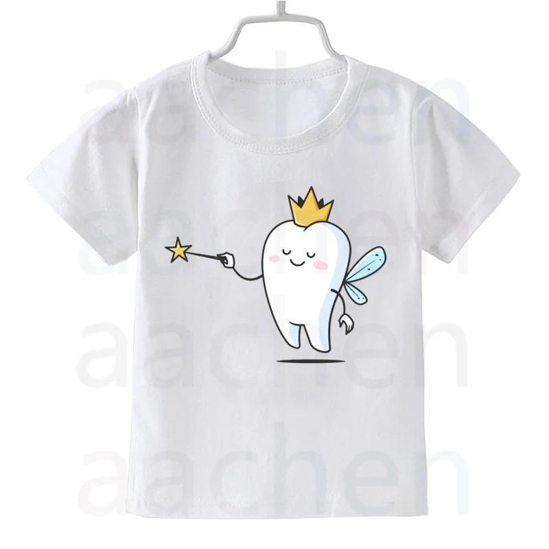 Tooth Dentist Cartoon Print Kid Cute White T Shirt Children Short Sleeve Clothing Funny Cartoon Party Top Boys and Girl Tshirt
