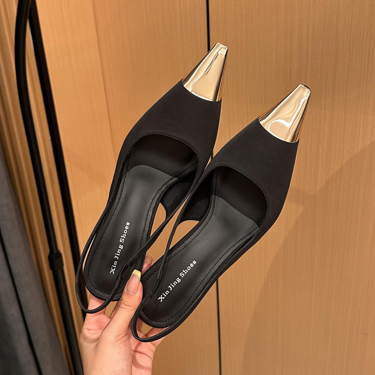 

6933-2 Европейские и американские металлические туфли-лодочки с острым носком для банкета, тонкий каблук, супервысокий каблук, леопардовый принт, сексуальные туфли-лодочки с задним ремешком и вырезами 40 чёрный