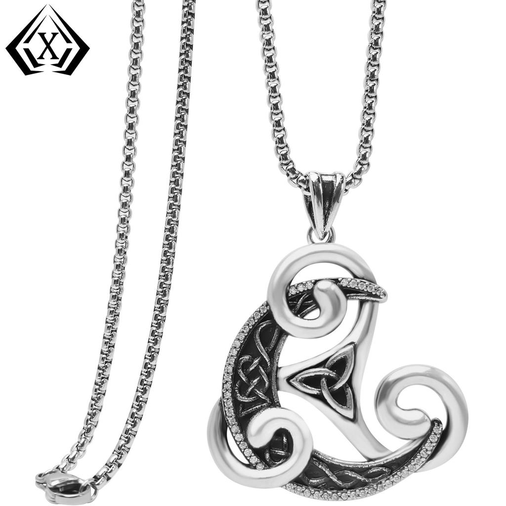Xiweier Retro Celtic Knot Triangle Necklace with Copper and Zircon Pendant