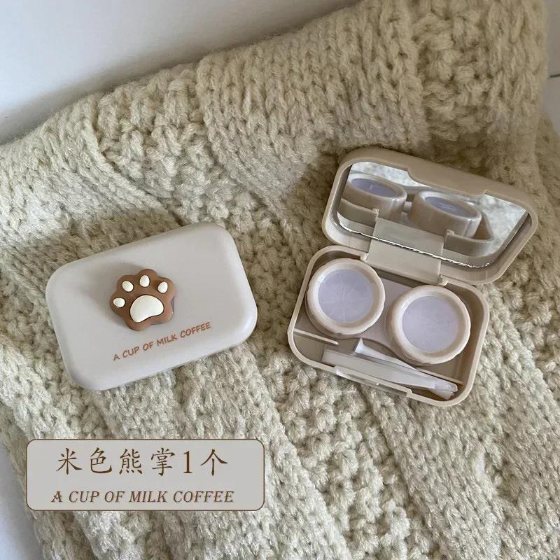 

Milk Tea Frosted Lens Container Small Cat Paw Contact Lens Case Women Portable Travel Set Color Contact Lenses Storage Box