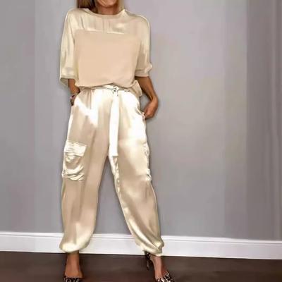 Women's Set Smooth Satin Three-quarter Sleeve Top and Trousers Two-piece Set Clothes Sale