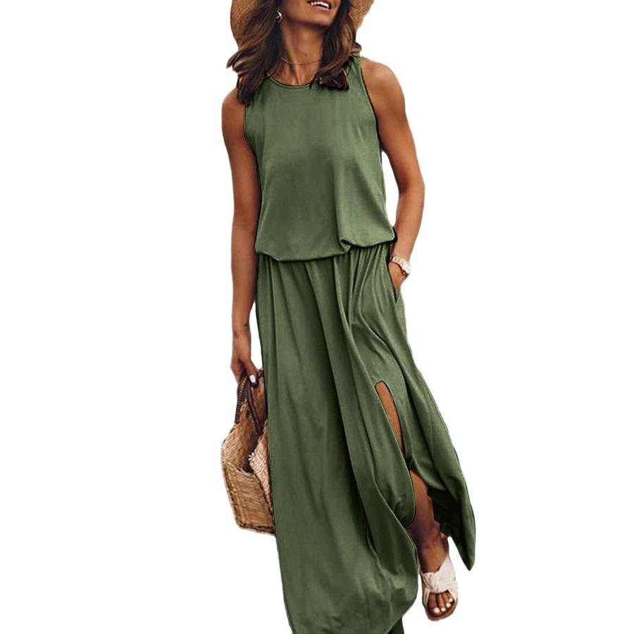 Summer New Women's Imported Dresses Round Neck Sleeveless A-Line Skirt High-Waisted Casual Work Commute Maxi Dress