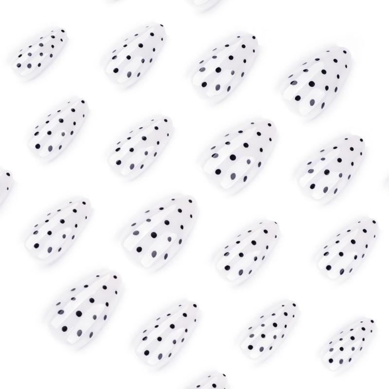 24Piece Black Dot Artificial Nail White Base Press On Nail Breathable Fake Nail For Office Party Wedding Wear