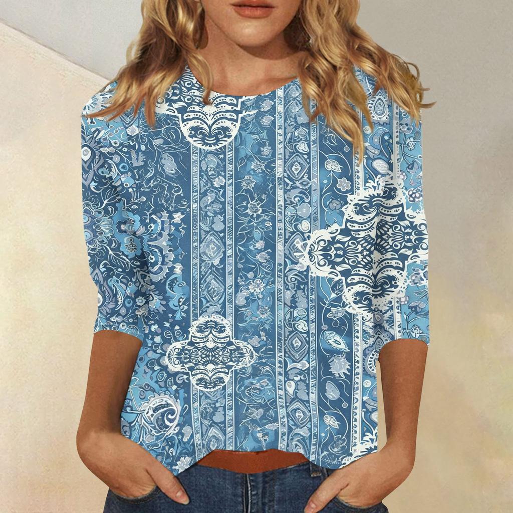 Women's Casual Loose Fit Top Three Quarter Sleeve Blouse with Fashion Printed Pattern Lightweight Comfortable Fabric