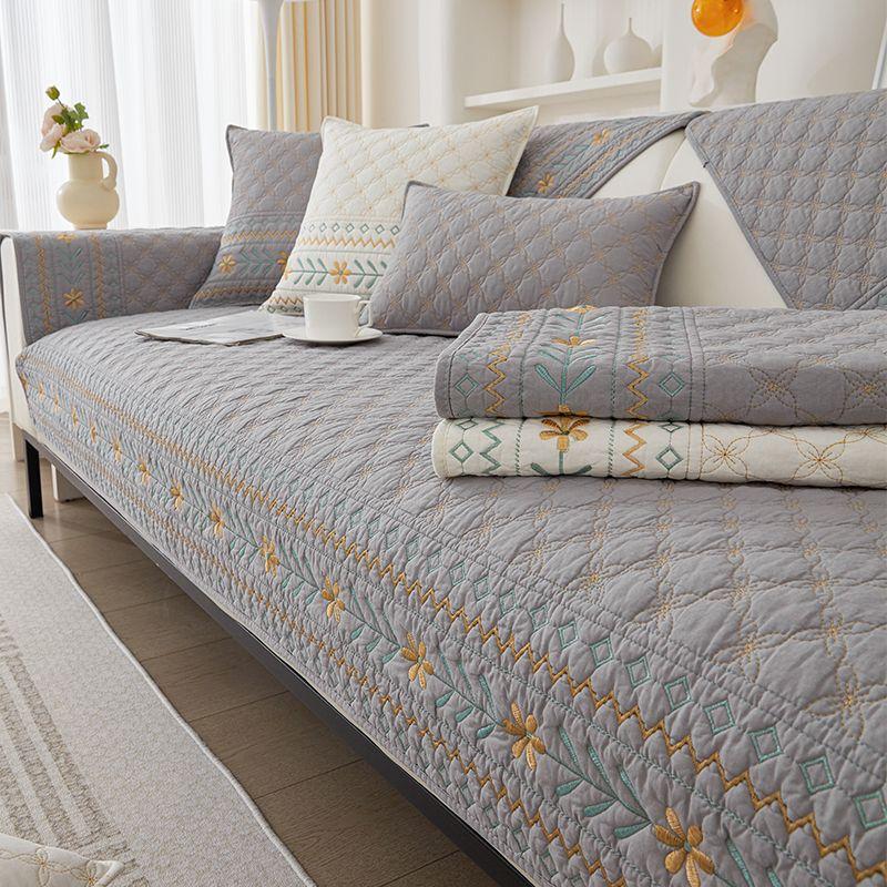 

Four Seasons Pure Cotton Sofa Cushion Minimalist Fabric Non-Slip Cushion Cotton Embroider Modern Neutral Summer Sofa Cover Slipcover FL only duo-light gray 45*45cm pillow case