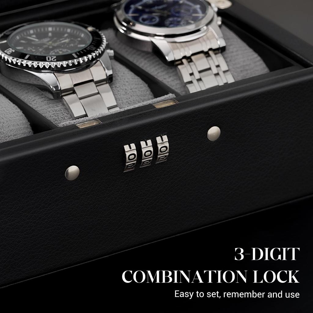ProCase Watch Case for Watch Box with Password Watch Organizer with Glass Display Storage Case Men, 3-Piece Lock, Top,