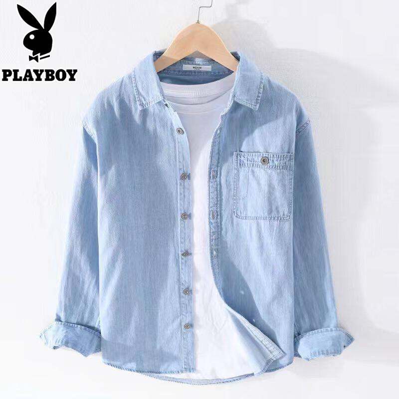 Playboy Men s Washed Denim Long-Sleeve Shirt L светло-синий