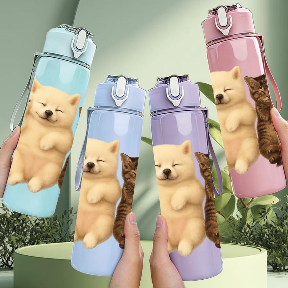 1PC Two Cats Gesture Cartoon Art 750ml Color Plastic Sports Water Bottle Leakproof Flip Straw Lid Suitable for Sports Office Home Use