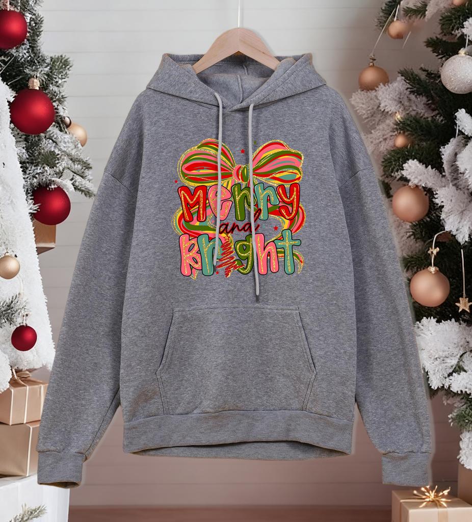 Merry Christmas And Bright Bow Printing Hoodies Men Hip Hop Fleece Streetwear Autumn Loose Pullover Pocket All-Match Clothing