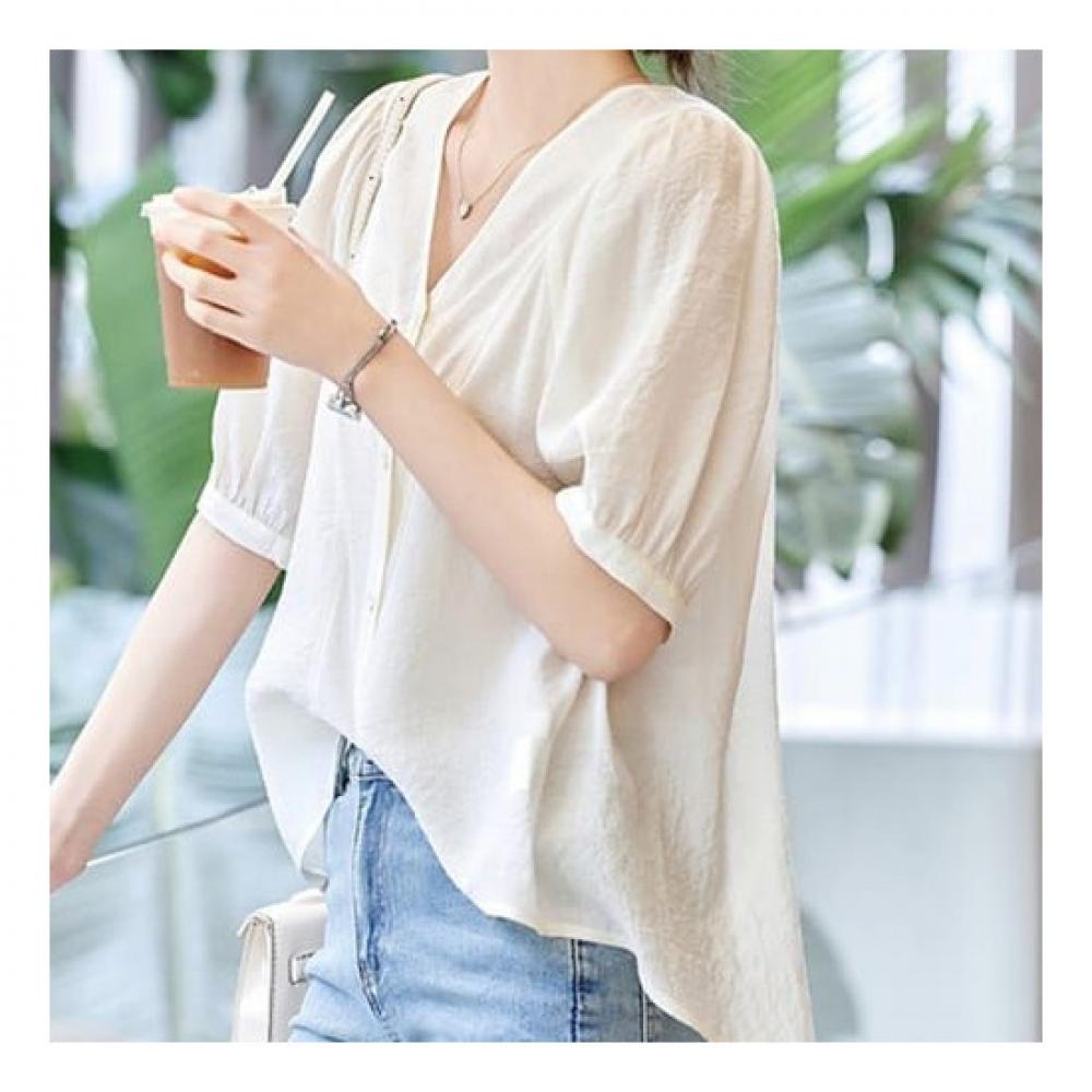 NaVaVa Women Thin V Neck Asymmetric Short sleeVe Blouse Nb2109