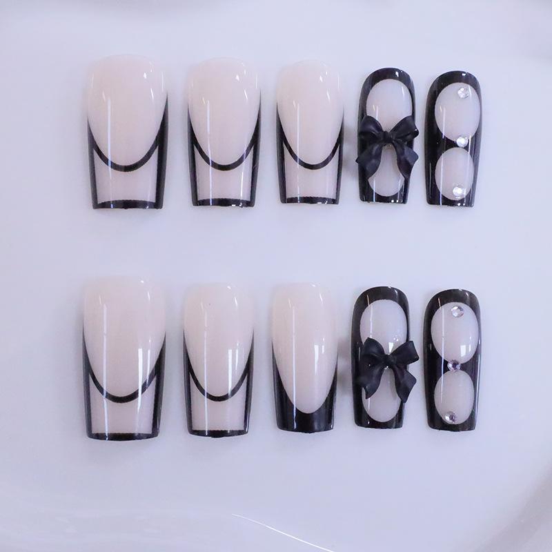 New 24-Piece Manicure Nail Piece European And American Style Bow Diamond Classic French Medium And Long Square Wearing Nail Jelly glue + rubbing strips*3pcs