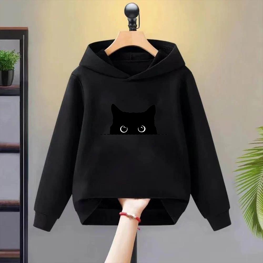 Kinder Kapuzenpullover Herbst Jacke Mädchen rosa Oberteile Hoodies Kind 3-12 Jahre Kleinkind Sweatshirt schwarze Katze Druck Freizeitkleidung