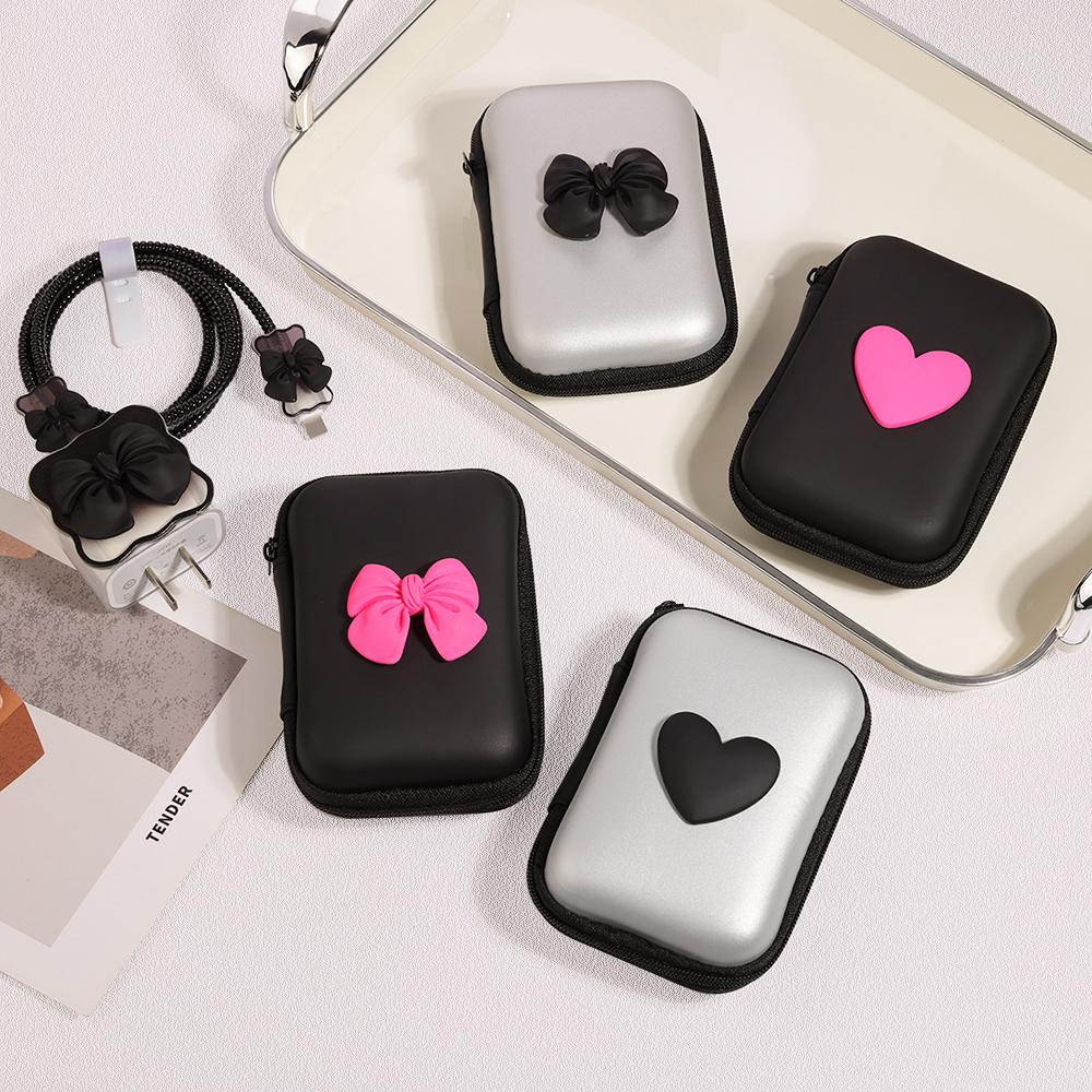 Korea Cute 3D Love Heart+EVA Storage Bag Set Charger Cover For iPhone 11 12 13 14 15 16 Pro Max 18W-20W Charge Protection Sleeve