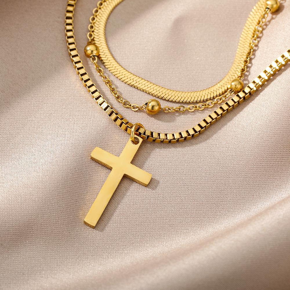 316L Stainless Steel Multi layered Cross Pendant Necklace For Women Gold Color Choker Chain Christmas Jewelry Gifts Dropshipping