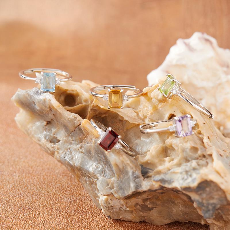 S925 Sterling Silver Natural Color Treasure Ring Female Citrine Amethyst Topa Garnet Sugar Cube Simple