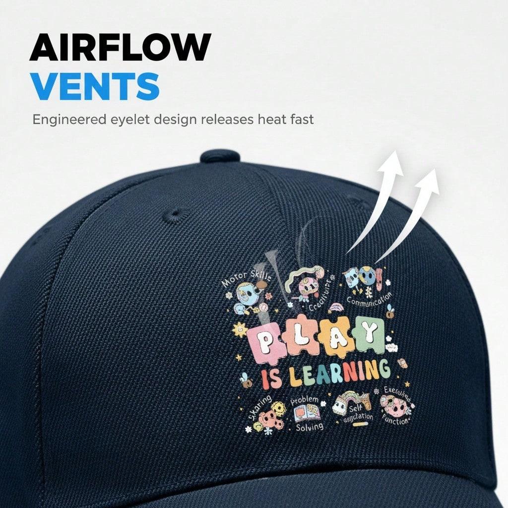 Kids Educational Baseball Cap - "PLAY IS LEARNING" Print Adjustable Breathable Lightweight Unisex Outdoor Sports Hat For School & Everyday Wear -