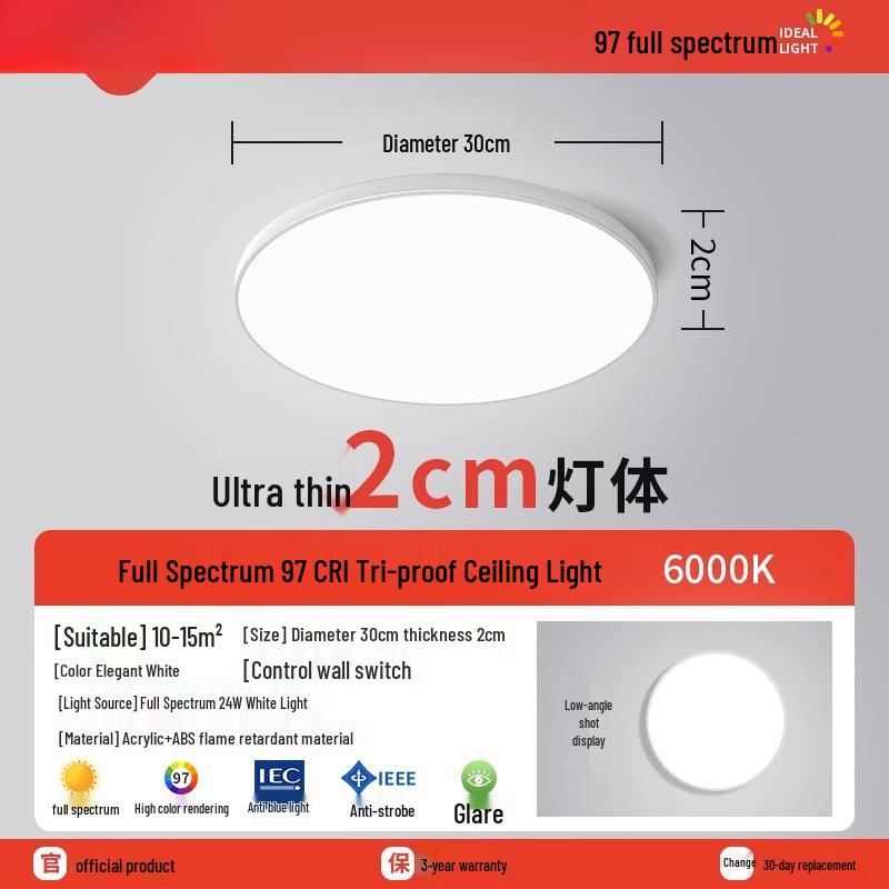 Ultra-Thin Round LED Ceiling Light for Bedroom, Bathroom & Balcony - Modern Minimalist Design with Eye Protection