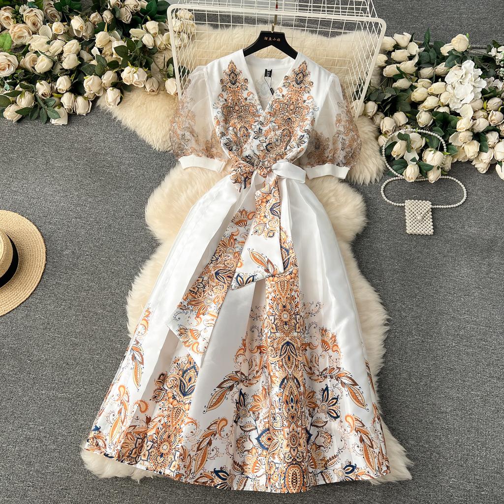 Designer blomstertrykk feriekjole kvinner palassstil high-end Elegant kjendis Midi lang kortermet vestidos