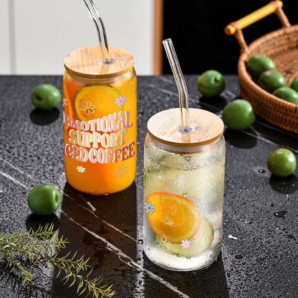 16oz "Emotional Support" Sublimeringsglasburk med bambulock och sugrör Kaffekopp Juice Glasflaska Sommar Vinter Dryckesglas
