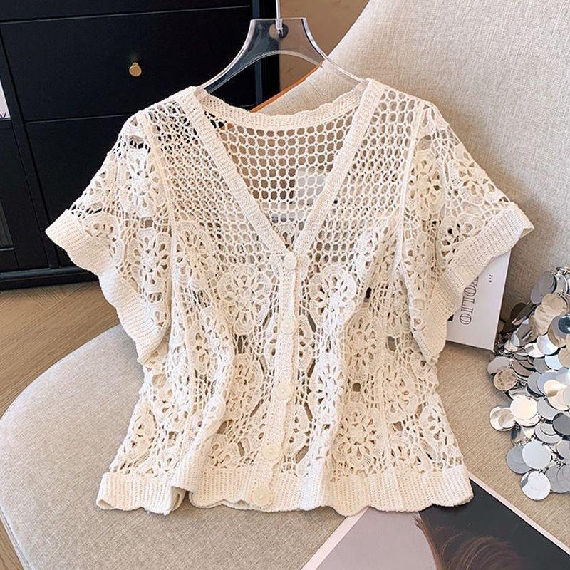 Women's French V-Neck Crochet Knit Cardigan Summer Slimming Loose Fit Versatile Top