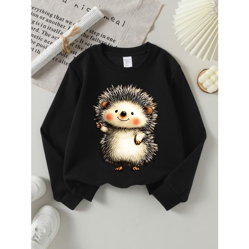 European Sizes Kids Sweatshirts, Girls' Autumn Winter Cute Hedgehog Cartoon Print Long Sleeve Round Neck Sweatshirt, Casual Daily Wear.
