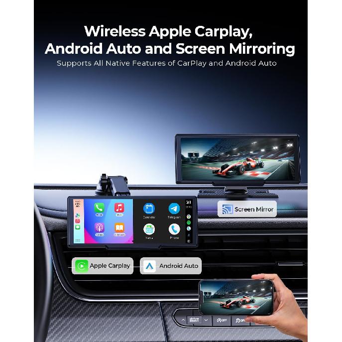 8.1  Wireless Portable 60FPS Car Play Screen for Apple CarPlay & Android Auto, OTA Updates, Backup Camera, Mirror Link, Bluetooth, Voice Control, GPS