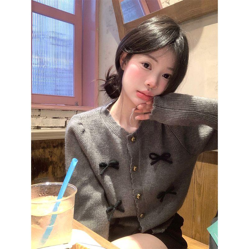 Kumikumi Sweet Style Three-Dimensional Bows Knitting Cardigan Women's Clothes Autumn Youthful-Looking Loose Gray Coat Tops