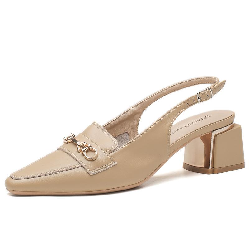 

Baotou sandals women s small square head thick heel high heels cowhide niche back strap New Year s spring models 39 хакі