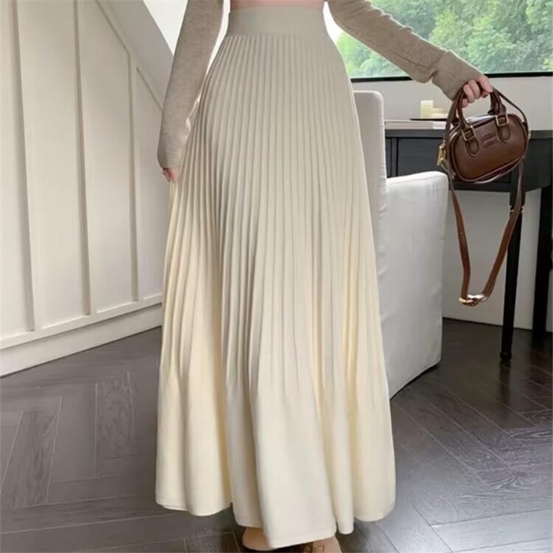 Off-white High-Waisted Pleated A-line Knit Skirt for Women - Petite Korean Style, Autumn/Winter Wear