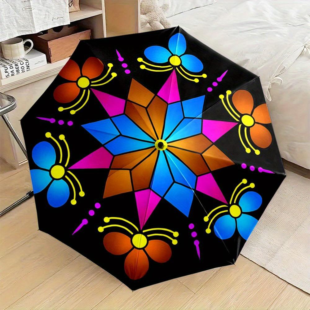 

The Collapsible Umbrella Showcases a Detailed Geometric Design with a Balanced Star Pattern in Bright Blue, Orange, And Pink, (as the picture,Iron&8K)