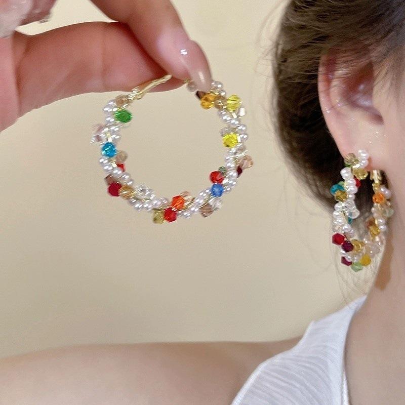 Colorful Dopamine Hoop Earrings For Women New Wrapped Beaded Earcuffs Large Circle Earrings Unique Chunky Threader Ear Jewelry