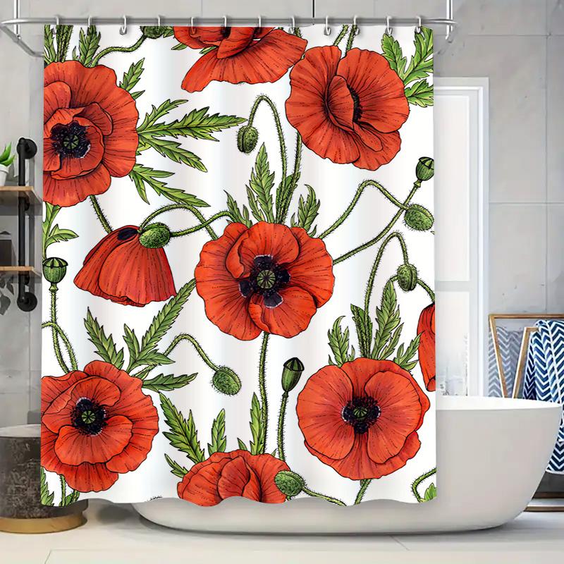 

Red Poppy Shower Curtain Bathroom Decor Flower Print Waterproof Washable Modern Shabby Chic Home Decoration 72X84 (White Backgro W60H190(CM)-1 Pcs
