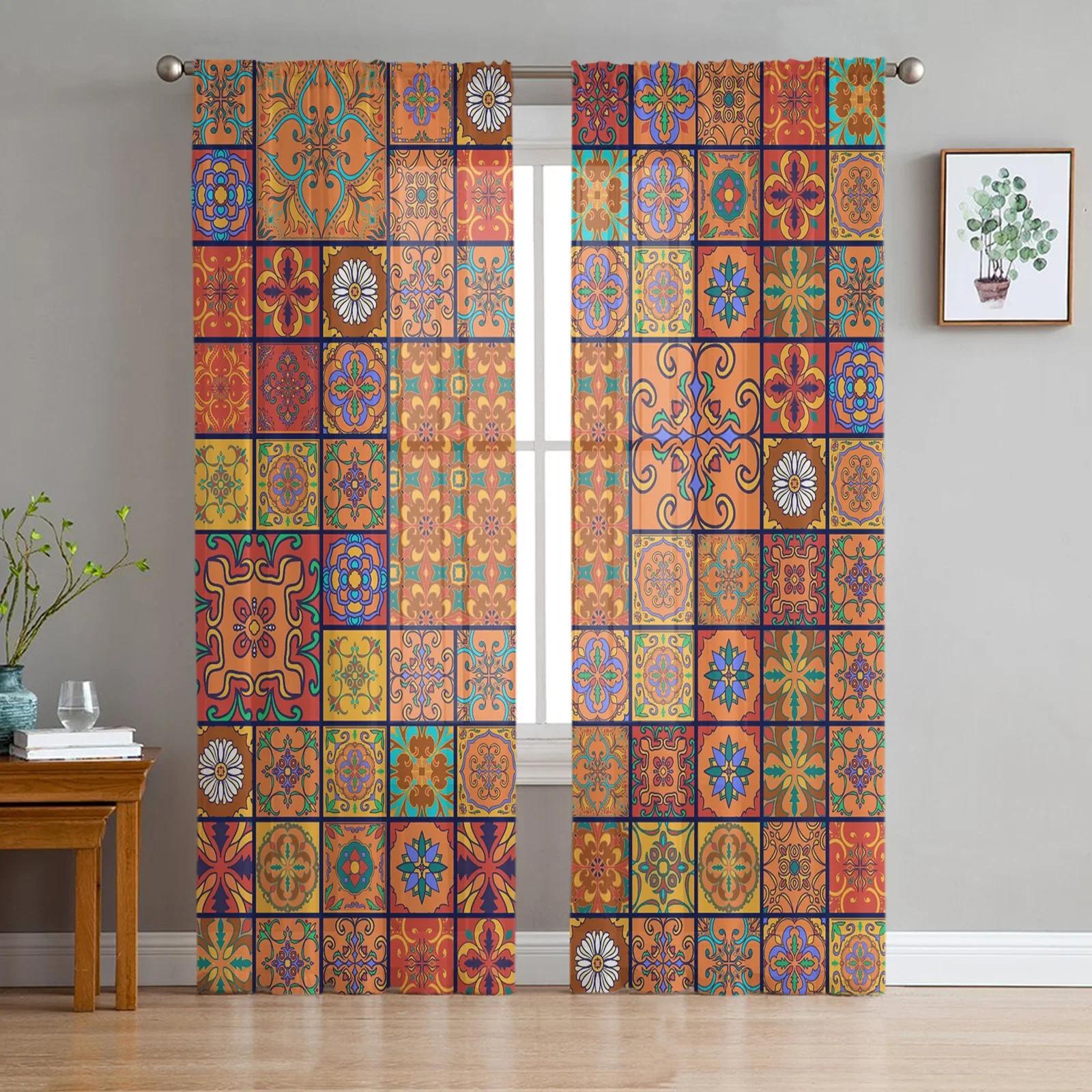 

Мандала Богемская плитка Цветочный тюль Прозрачные шторы для гостиной Декорация оконных занавесок для спальни Вуаль Органза Шторы W135 x H115cm x1&Grommet Top